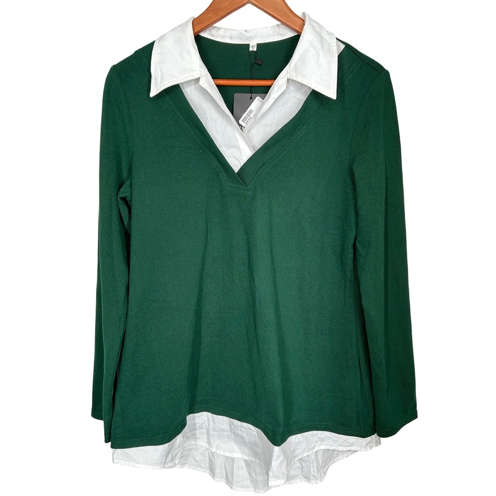 Kohl's Double Layer Look Green and White Collared Blouse‎ Women's Size Large NWT
